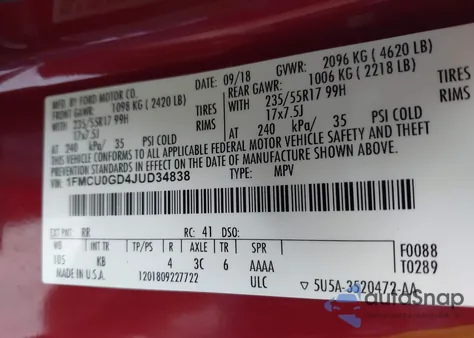 2018 Ford Escape Se from USA, damaged, VIN 1FMCU0GD4JUD34838